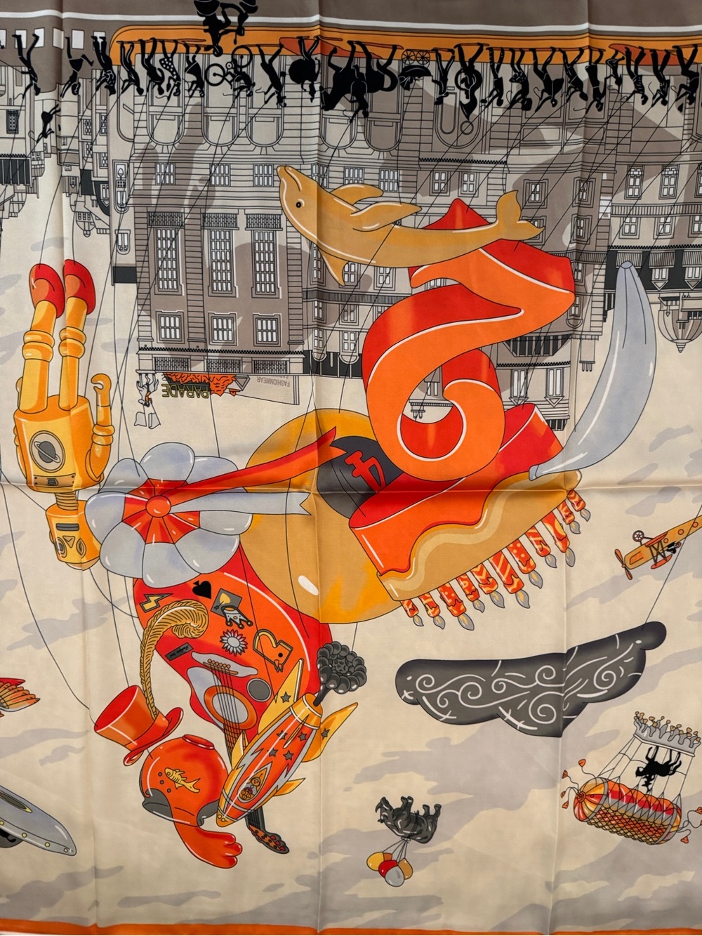 Luxury 90cm Silk Scarf with Yellow, Red & Cream Illustration - Picture 3 of 8